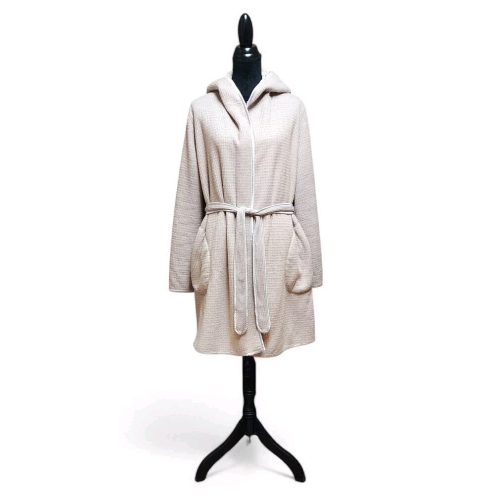 Anthropologie Pure + Good Beige Womens Waffle Thermal Hooded Bath Robe Size XS/S